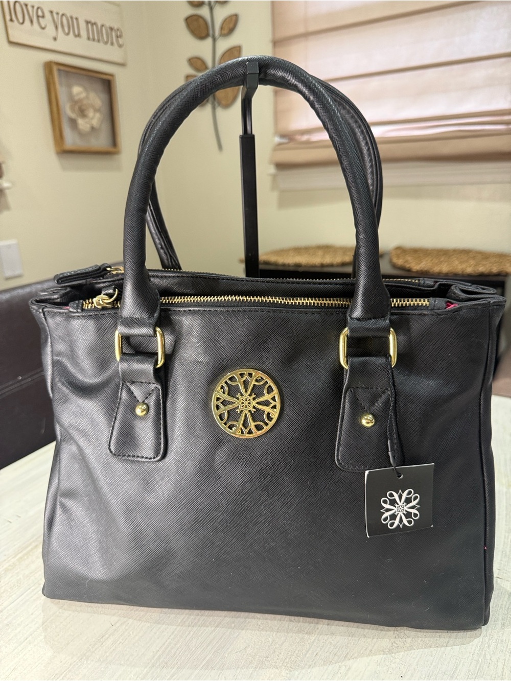 Vintage Classic Black Satchel with Gold Medallion - Avon Signature Collection